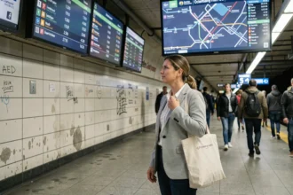 Voyageuse consultant un panneau d'affichage numérique en temps réel dans une station de métro urbaine