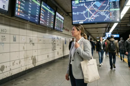Voyageuse consultant un panneau d'affichage numérique en temps réel dans une station de métro urbaine
