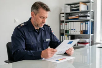 Agent des douanes examinant un certificat de conformité européen au bureau d'inspection