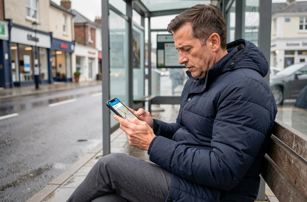 Homme consultant une application mobile de transport en temps réel à un arrêt de bus sous la pluie