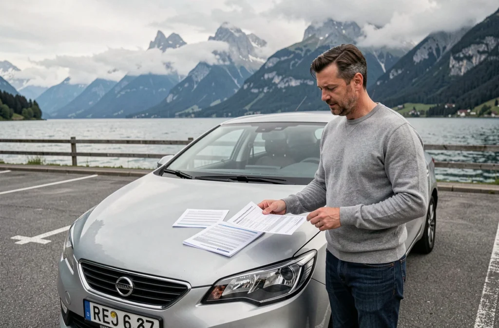 Homme consultant des documents d'assurance auto temporaire près d'un véhicule dans un parking au bord d'un lac suisse