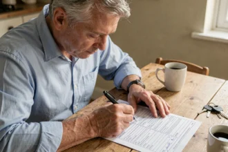 Homme barrant une carte grise à la main avec un stylo sur une table en bois lors d'une cession de véhicule
