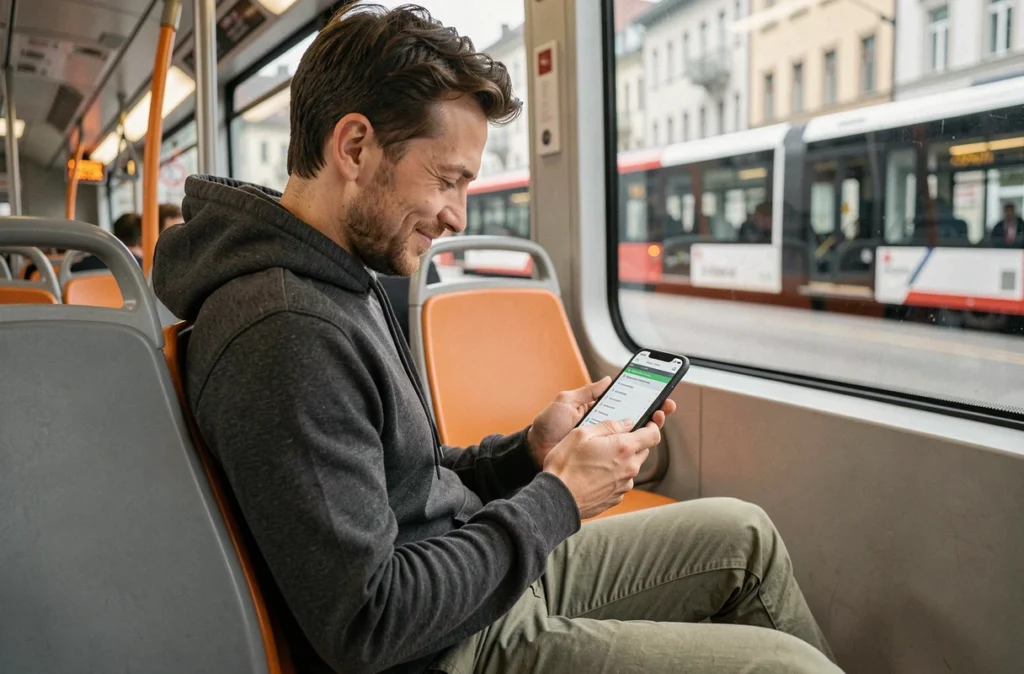 Passager consultant un billet intermodal unique sur smartphone à l'intérieur d'un tram suisse urbain