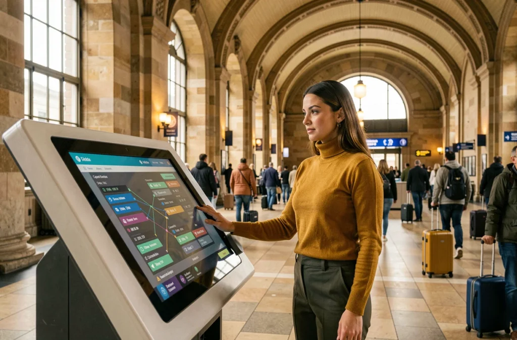 Voyageuse utilisant une borne interactive numérique dans un hall de gare ferroviaire historique