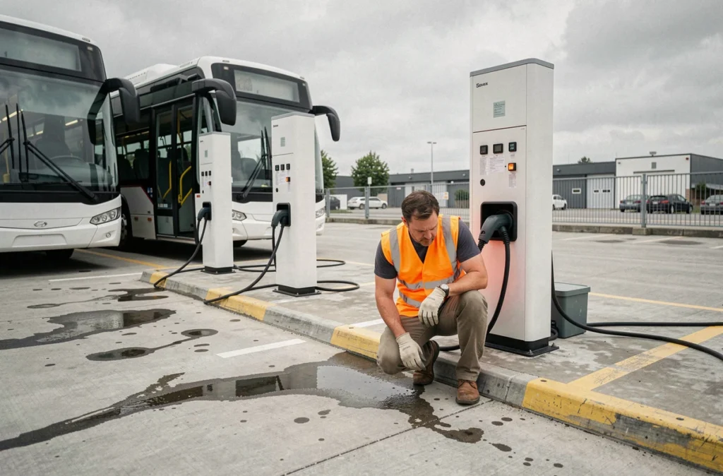 Technicien inspectant une borne de recharge pour cars scolaires électriques dans un dépôt de transport