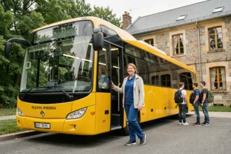 Conductrice de car scolaire électrique accueillant des élèves devant un collège en région française