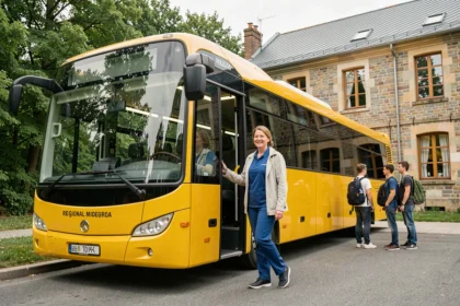 Conductrice de car scolaire électrique accueillant des élèves devant un collège en région française