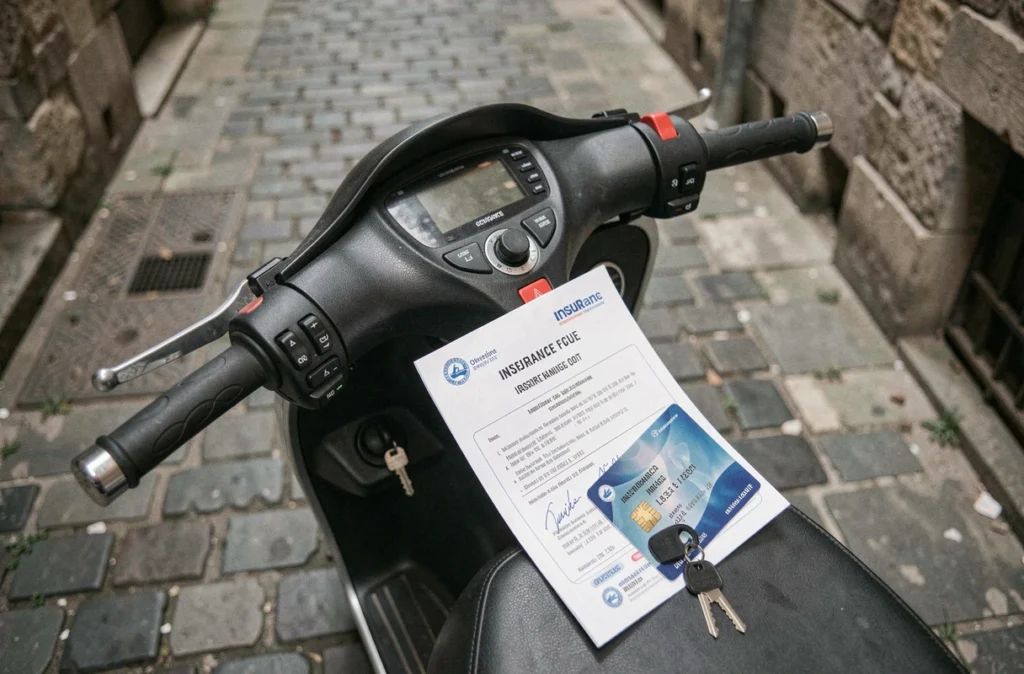 Certificat d'assurance scooter et permis de conduire posés sur la selle, symbolisant les exigences légales de couverture pour conduire sans permis valide