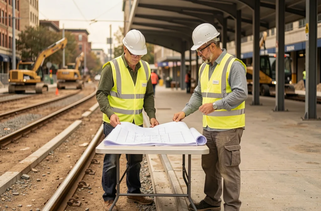 Ingénieurs sur chantier de construction d'une ligne de tramway en ville