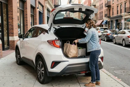 Femme chargeant des courses dans le coffre d'une Toyota C-HR blanche en milieu urbain