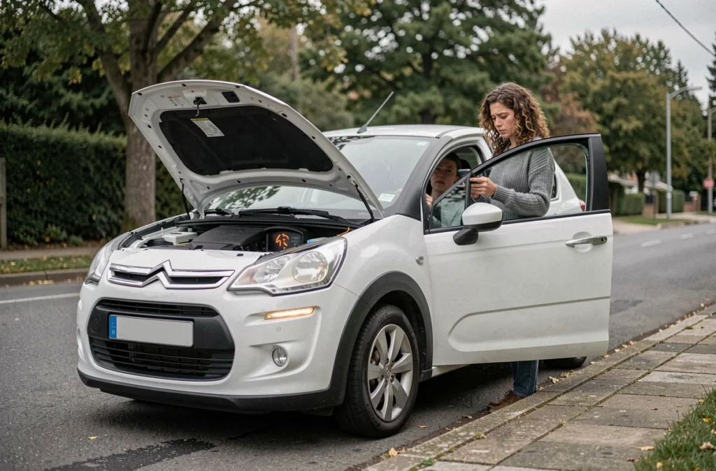 Femme au bord de la route consultant son téléphone après l'apparition d'un voyant sur sa Citroën C3
