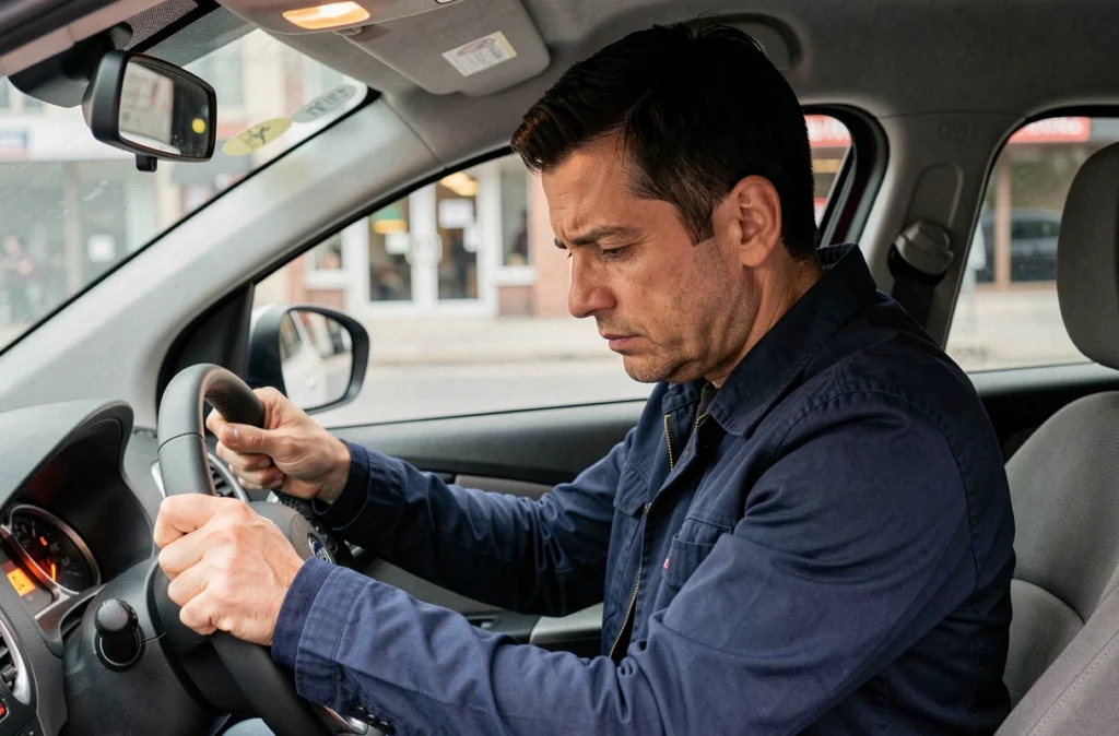Conducteur inquiet observant un voyant orange allumé sur le tableau de bord de sa Citroën C3