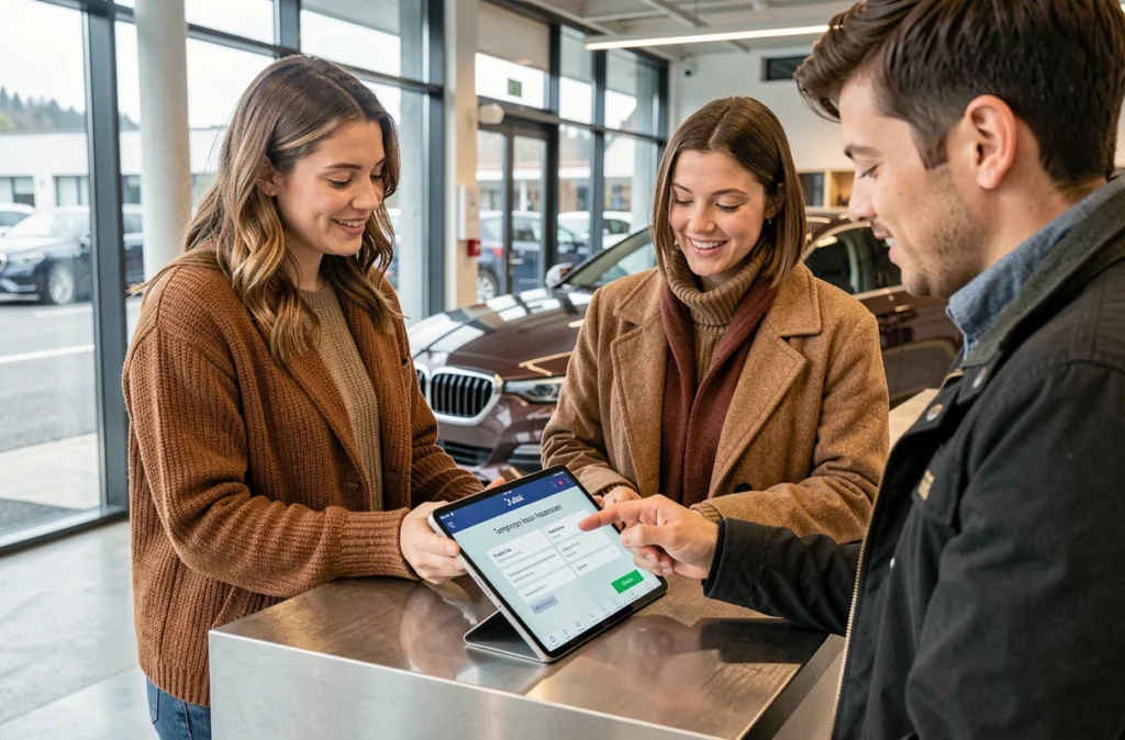 Couple souscrivant une assurance temporaire pour voiture avec un conseiller dans une concession automobile en Suisse