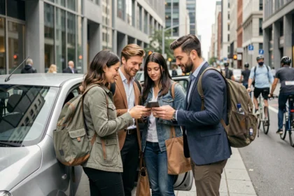 Trois covoitureurs urbains se retrouvent devant une voiture en ville pour partager un trajet quotidien