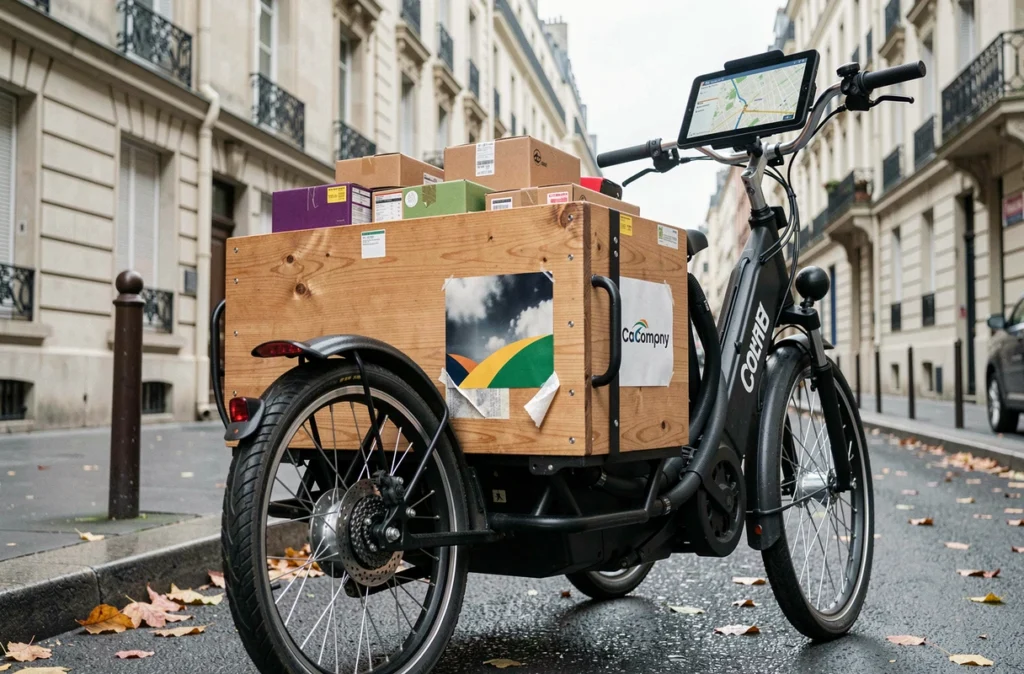 Détail d'un vélo cargo électrique garé dans une rue parisienne avec des colis prêts à livrer