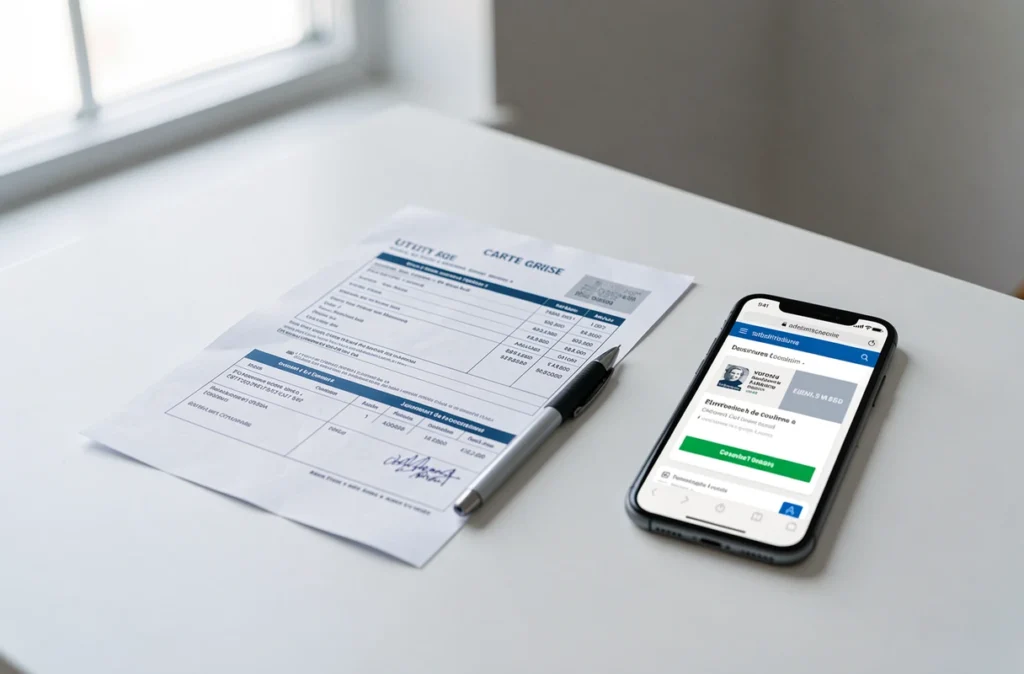 Documents nécessaires pour changer son adresse sur la carte grise, posés sur un bureau blanc
