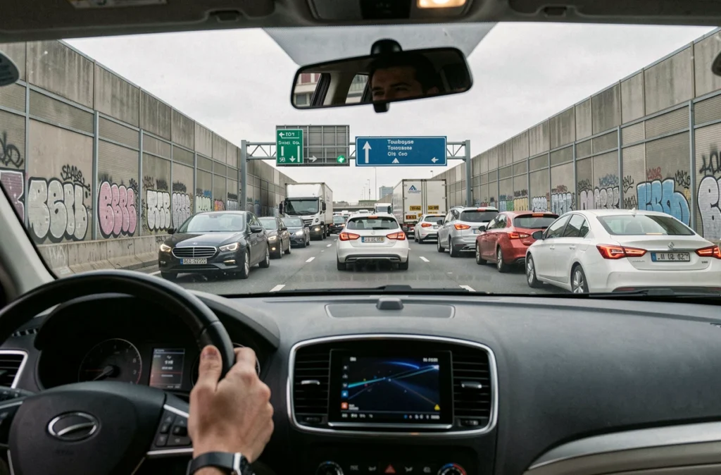 Embouteillages importants sur le périphérique de Toulouse vus depuis l'intérieur d'un véhicule arrêté dans les bouchons