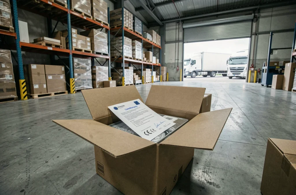 Cartons d'importation avec certificat de conformité européen dans un entrepôt logistique