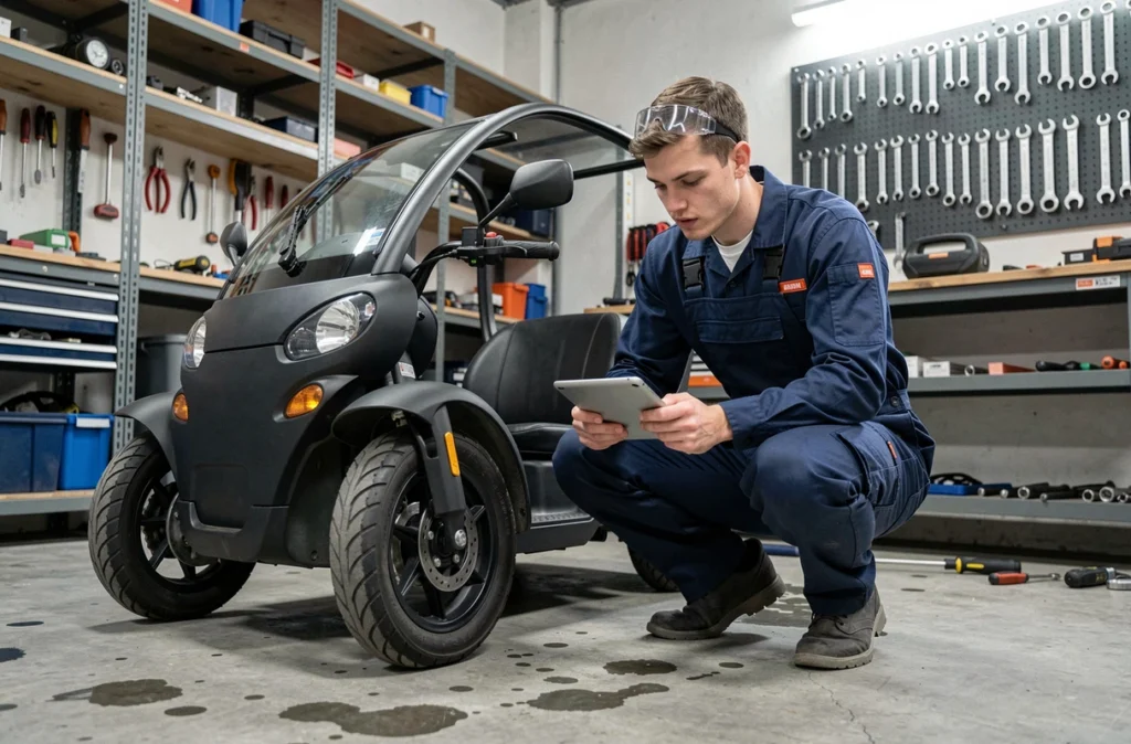 Technicien effectuant l'entretien d'une voiture sans permis électrique dans un atelier de mécanique moderne