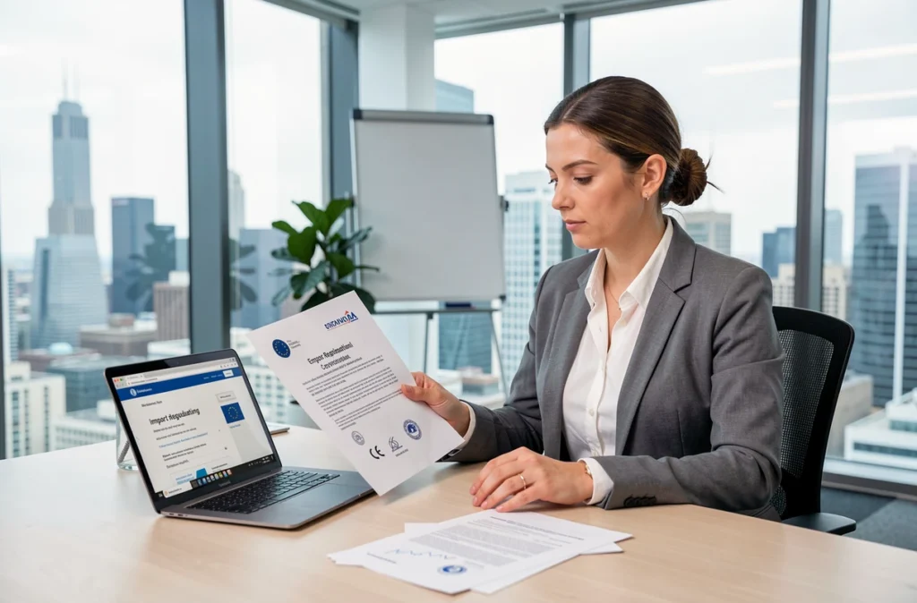 Femme d'affaires consultant un certificat de conformité européen pour l'importation
