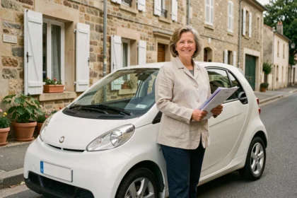 Femme tenant des documents d'assurance debout à côté d'une voiture sans permis blanche dans une rue résidentielle française