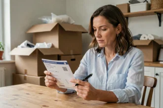 Femme tenant une carte grise après un déménagement, assise à une table entourée de cartons