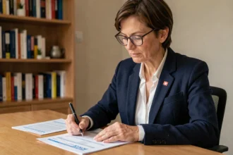 Femme suisse remplissant un formulaire de demande de permis de conduire international à son bureau