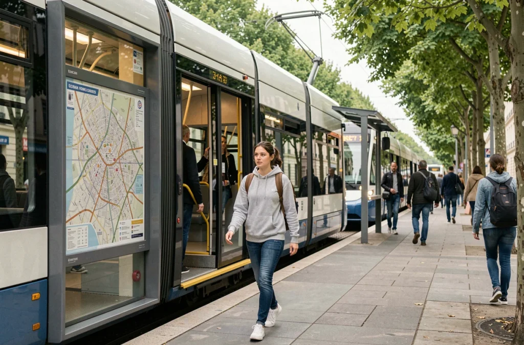 Jeune femme descendant d'un tramway électrique dans une ville française ayant instauré une zone à faibles émissions