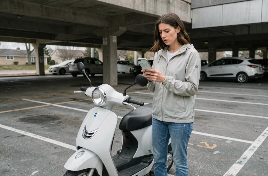 Femme consultant les conditions d'assurance scooter sur son téléphone dans un parking, questionnant la validité de sa couverture sans permis adéquat