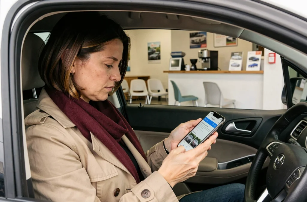 Femme vérifiant les avis d'un garage sur son smartphone depuis l'habitacle de sa voiture