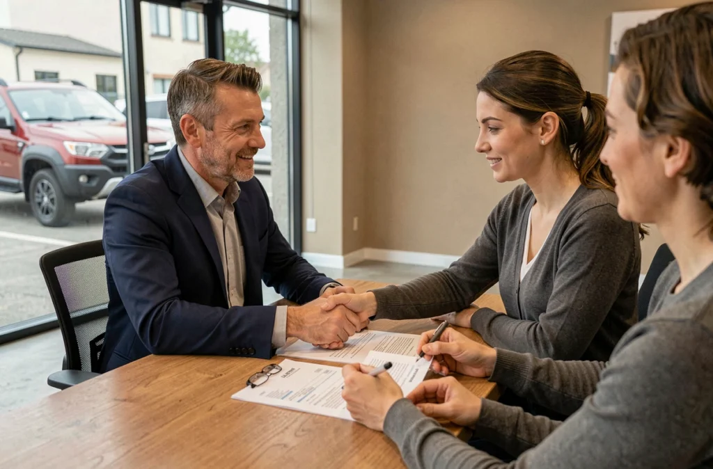 Conseiller commercial et couple examinant un contrat de financement LOA ou crédit auto pour une Lada Niva dans une concession