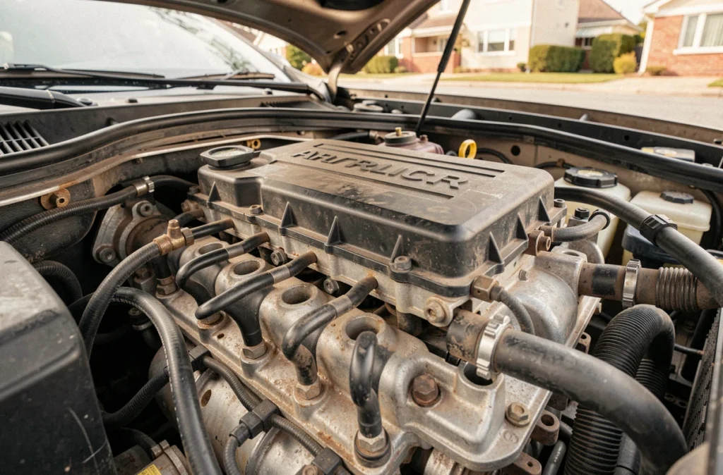 Gros plan sur le moteur 1.5 dCi Renault avec usure réelle après usage quotidien intensif