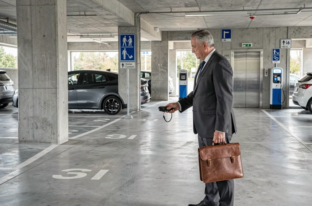 Homme d'affaires verrouillant sa voiture dans un parking relais intérieur équipé de bornes de recharge électrique