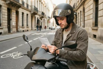 Homme examinant son contrat d'assurance scooter sur le trottoir urbain, illustrant les questions de couverture sans permis