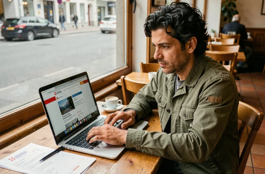 Homme consultant le site officiel suisse pour les démarches du permis de conduire international depuis un café