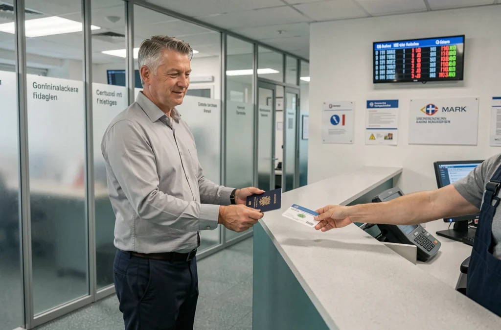 Homme déposant ses documents pour un permis de conduire international dans un office cantonal suisse