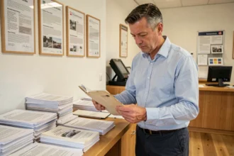 Homme examinant les documents administratifs pour l'immatriculation d'une voiture de collection dans un office cantonal suisse