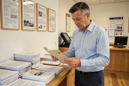 Homme examinant les documents administratifs pour l'immatriculation d'une voiture de collection dans un office cantonal suisse