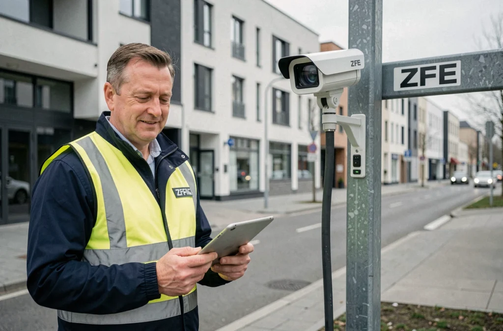 Inspecteur municipal vérifiant le dispositif de contrôle d'accès d'une zone à faibles émissions en ville
