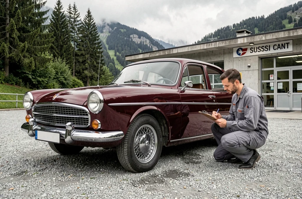 Voiture de collection des années 1960 inspectée par un mécanicien devant un centre de contrôle technique suisse