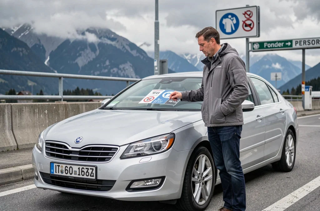 Homme inspectant les plaques d'immatriculation d'une voiture suisse avant exportation à la frontière