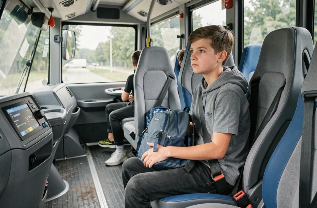 Intérieur d'un bus scolaire électrique avec des élèves assis pendant le trajet