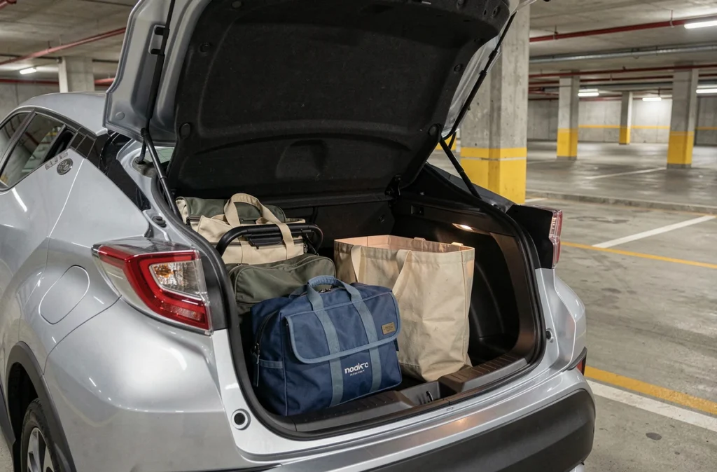 Intérieur du coffre d'une Toyota C-HR argentée chargée de bagages dans un parking souterrain