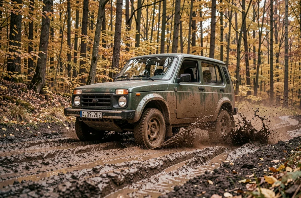 Lada Niva 4x4 en conduite tout-terrain sur un chemin boueux en forêt automnale, vue latérale au niveau du sol
