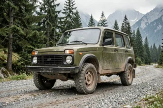 Lada Niva 4x4 neuve garée sur une route de montagne en gravier, vue en perspective avant trois quarts