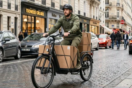 Livreur à vélo cargo électrique naviguant dans une rue pavée d'une grande ville française avec des colis