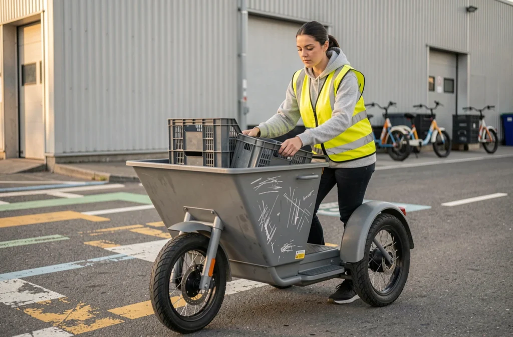 Livreuse chargeant des caisses dans un triporteur cargo devant un entrepôt logistique urbain