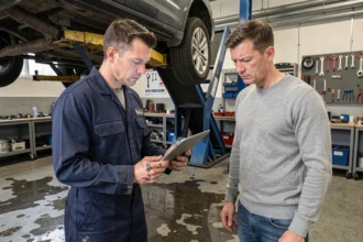 Mécanicien montrant un devis sur tablette à un client méfiant dans un garage automobile professionnel