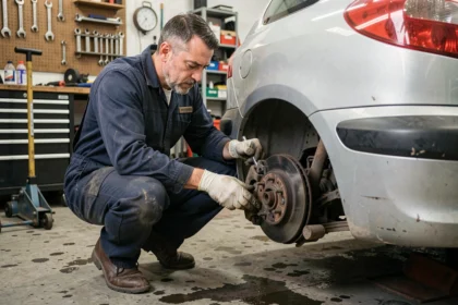 Mécanicien inspectant le train arrière grippé d'une Peugeot 206 dans un garage automobile