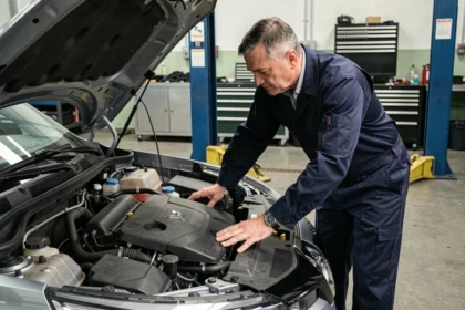 Mécanicien inspectant le moteur 1.5 dCi Renault dans un atelier automobile professionnel